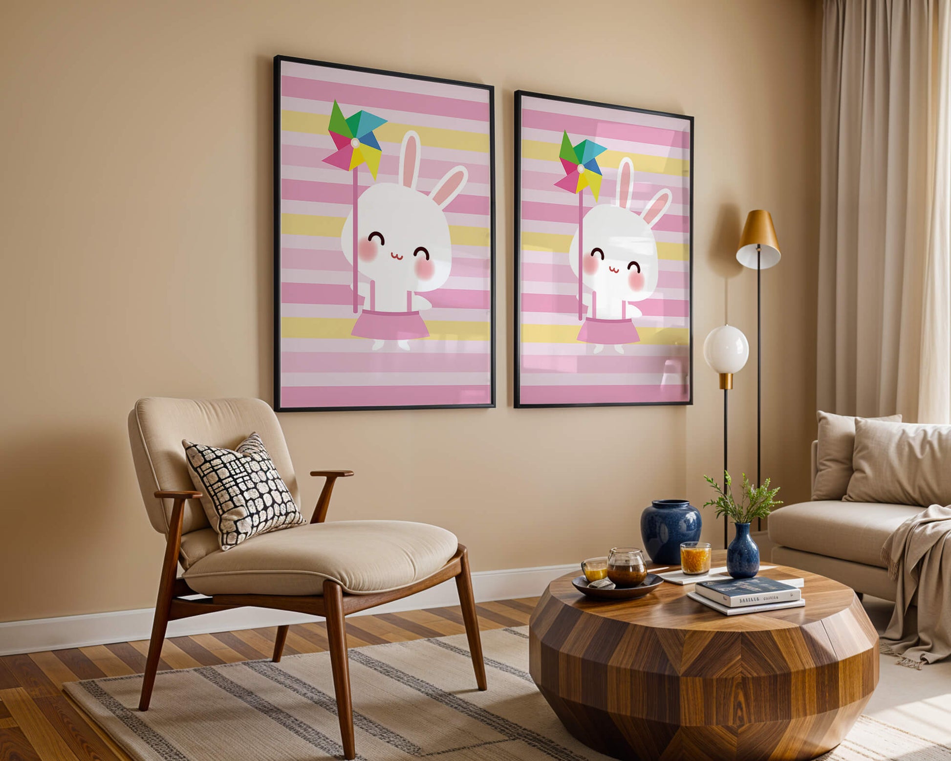 Adorable bunny with pinwheel on pastel striped backdrop