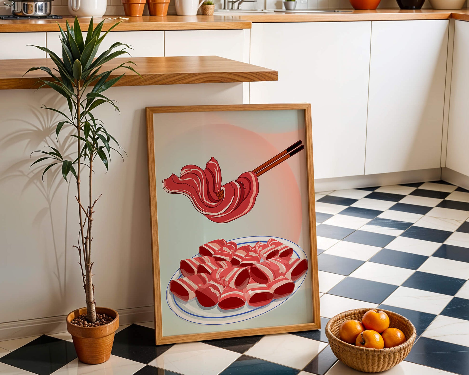 Delicious raw meat slices on plate with chopsticks in background