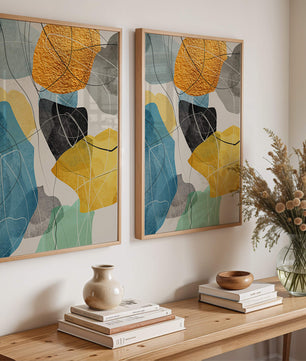 Abstrakte geometrische Kunst mit goldenen Akzenten und leuchtenden Farben