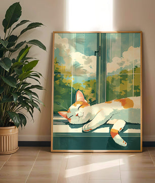 Peaceful Cat Napping by the Window with Sunlit Garden View - Mi tienda