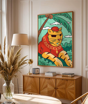 Stylish cartoon tiger lounging under a tropical palm tree with gold accessories