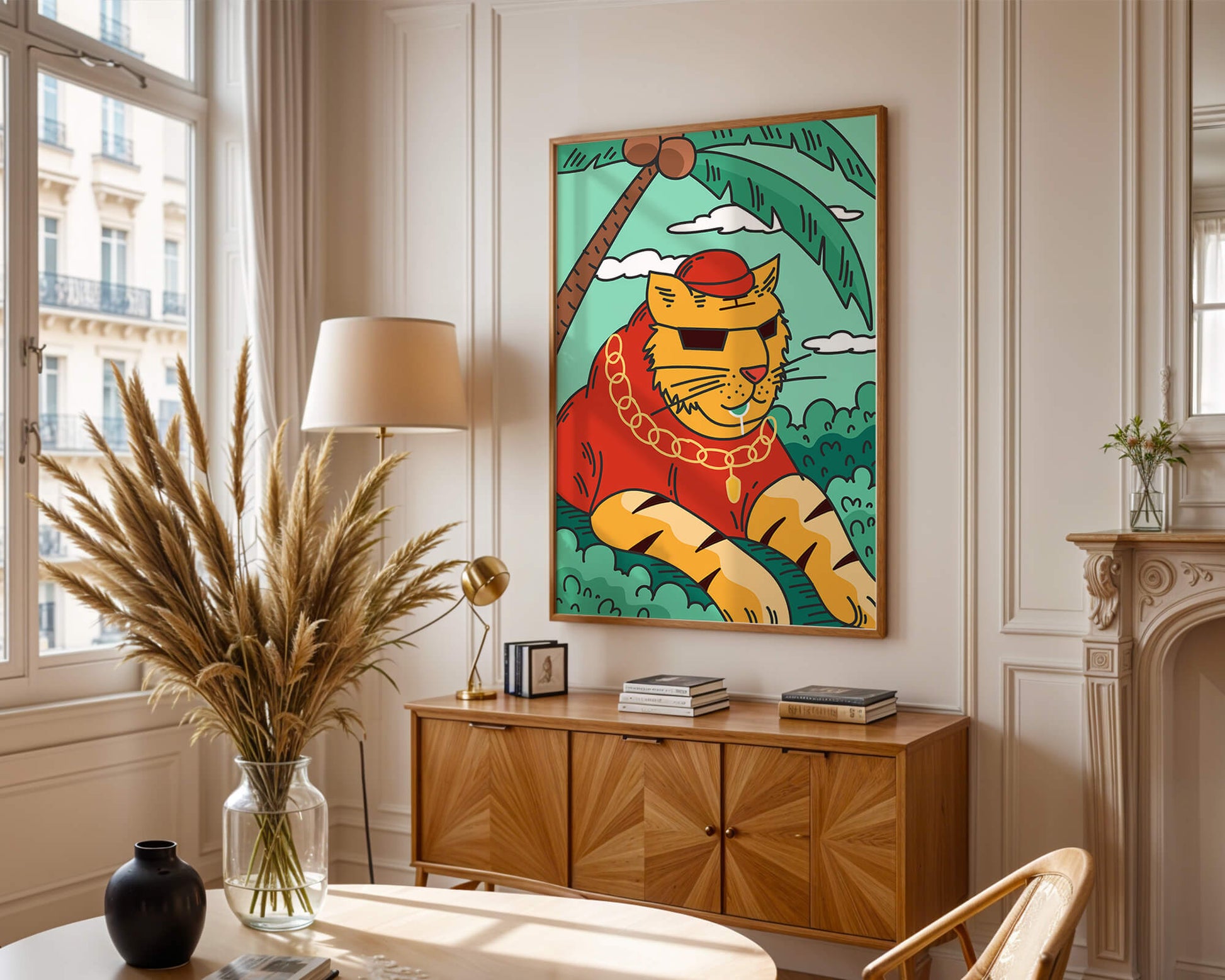 Stylish cartoon tiger lounging under a tropical palm tree with gold accessories