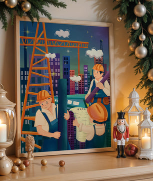 Illustrated construction workers on a high-rise building site