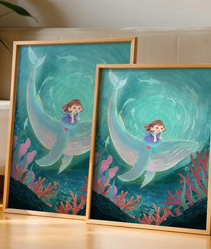 Underwater scene with child and whale surrounded by marine life