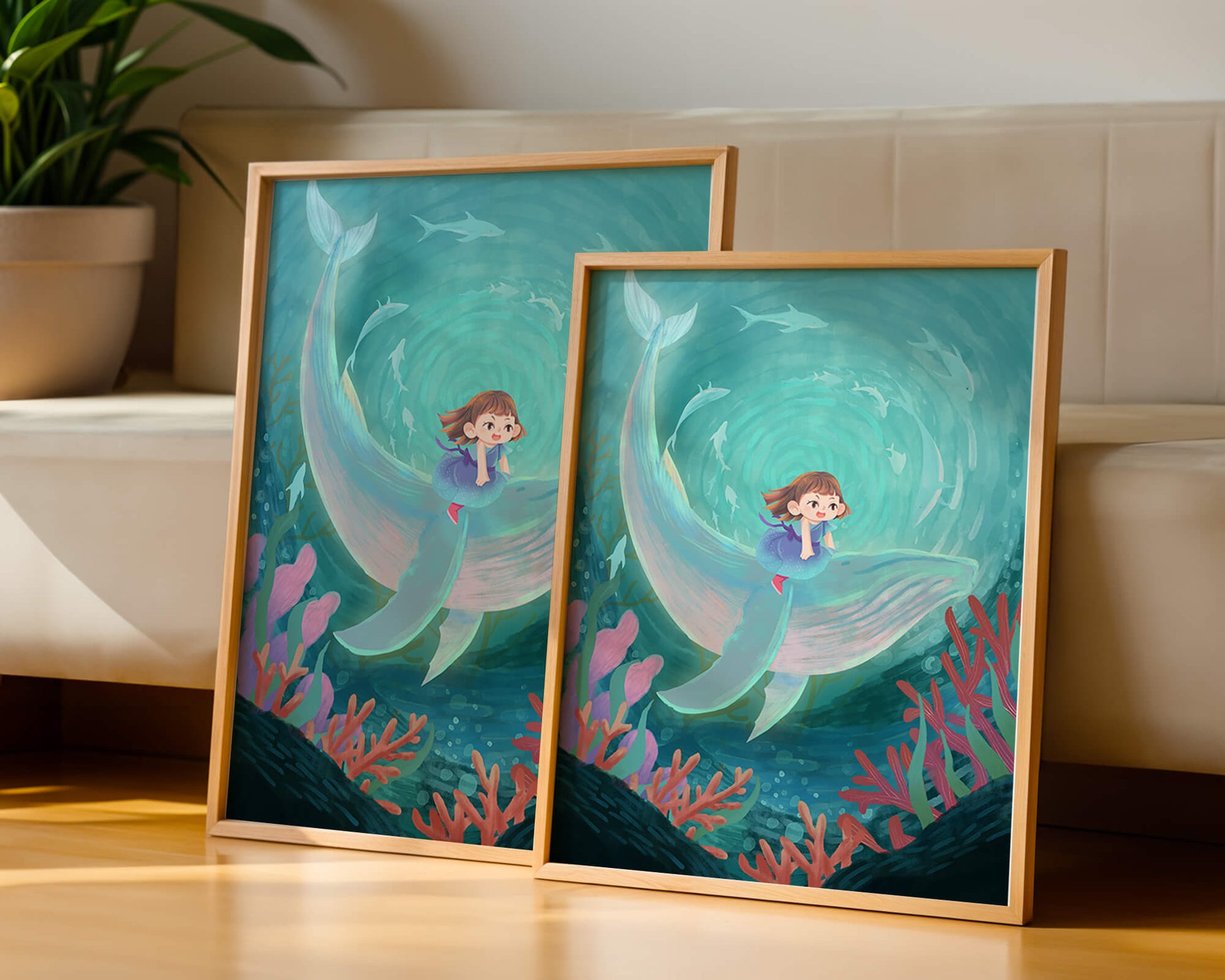 Underwater scene with child and whale surrounded by marine life