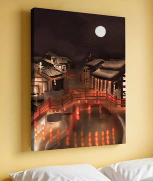 Traditional Japanese village at night with lanterns and full moon