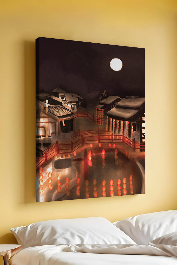Traditional Japanese village at night with lanterns and full moon