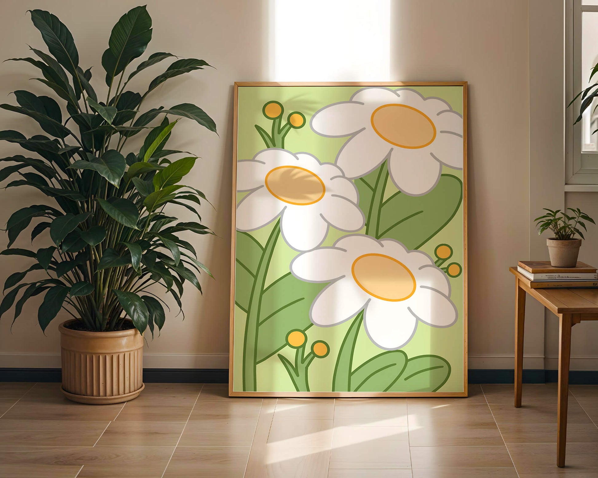 Charming illustrated daisies on a green background
