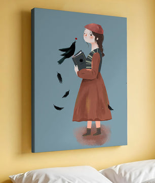chica en atuendo vintage con pájaro y libro sobre fondo azul