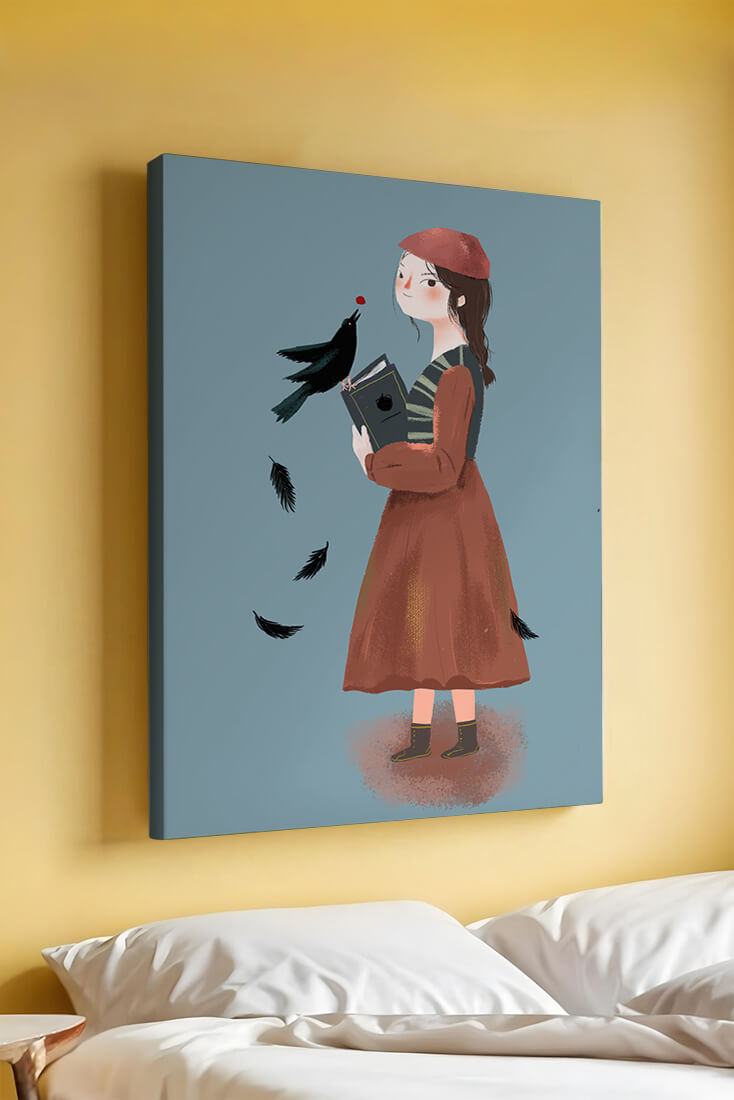 girl in vintage attire with bird and book on blue background