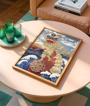Traditionelle chinesische Löwentanzkunst mit malerischem Hintergrund