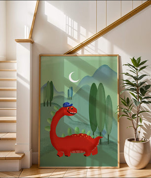 Whimsical red dinosaur in a serene nighttime forest