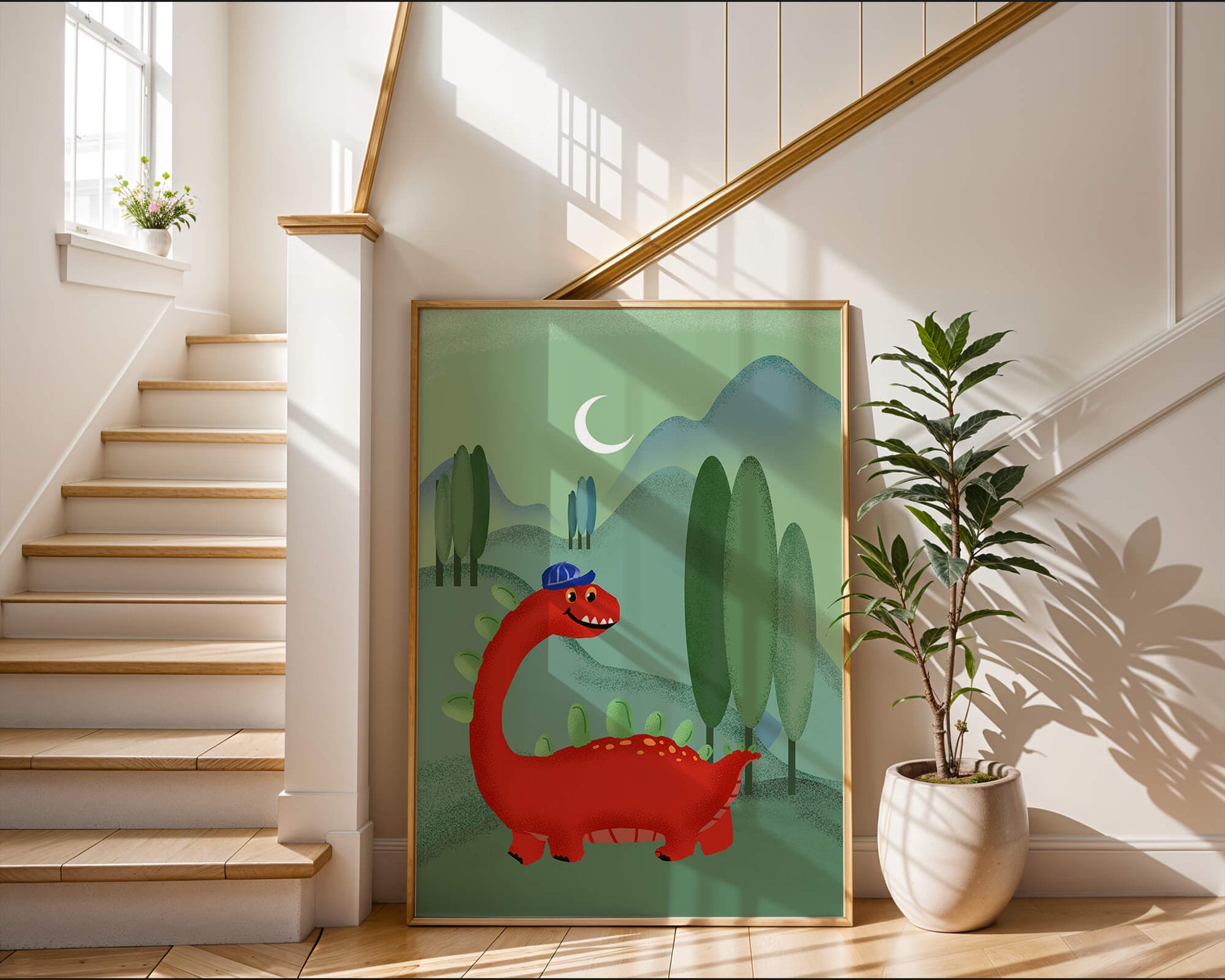 Whimsical red dinosaur in a serene nighttime forest
