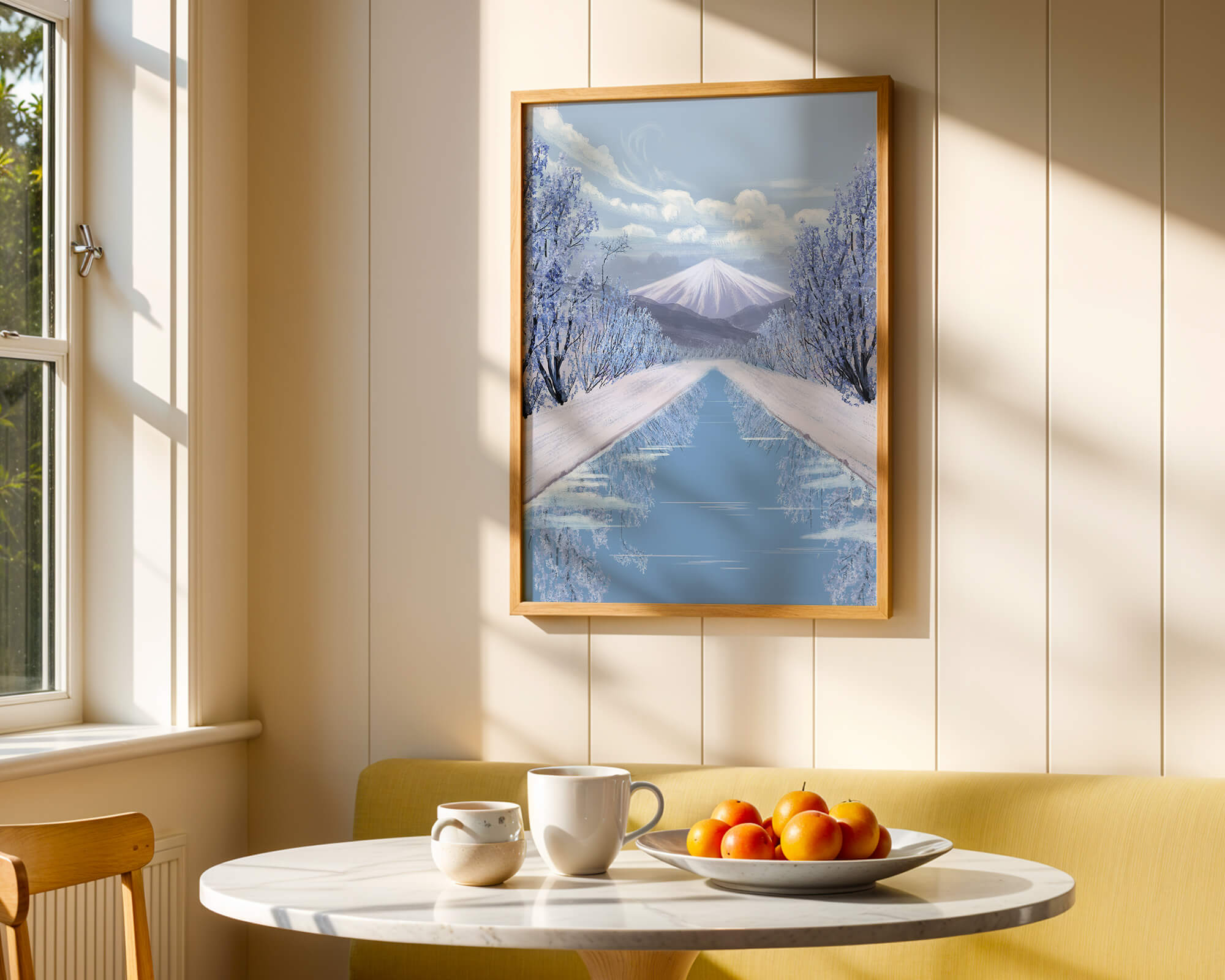 Serene winter landscape with mountain and snowy trees reflecting in water