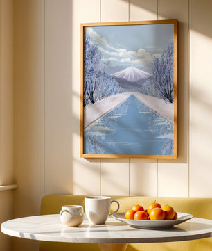 Serene winter landscape with mountain and snowy trees reflecting in water