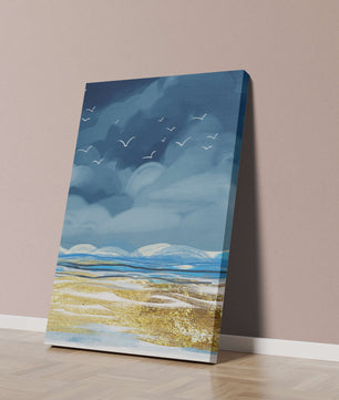 Meereslandschaft mit Vögeln in einer leuchtenden Blau- und Goldpalette