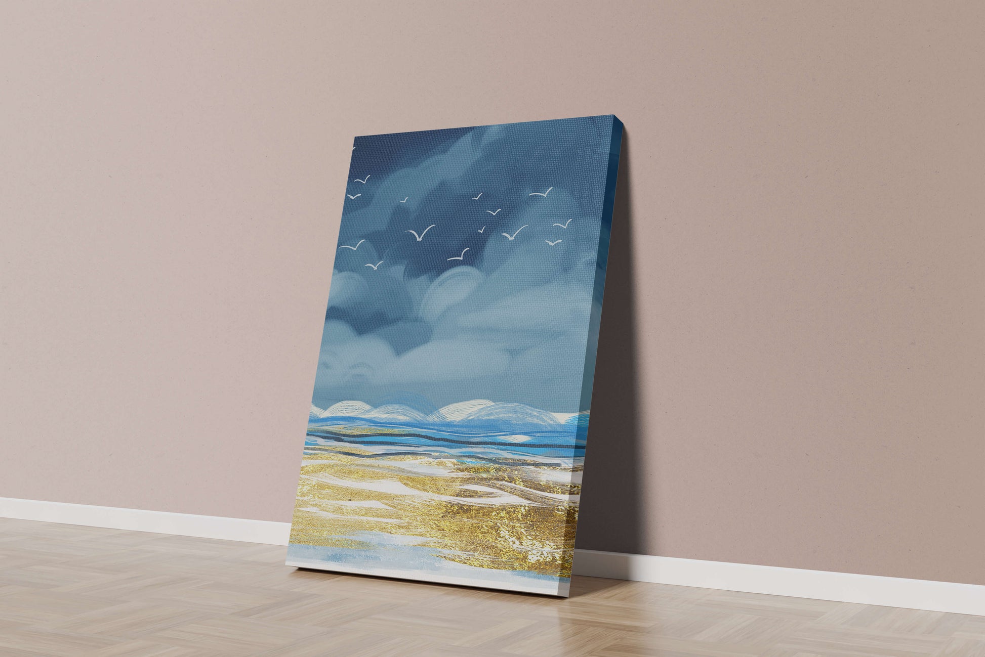 Seascape with Birds in a Vibrant Blue and Gold Palette