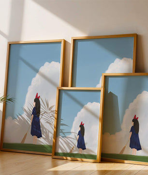 Junges Mädchen steht auf Gras mit Besen unter blauem Himmel