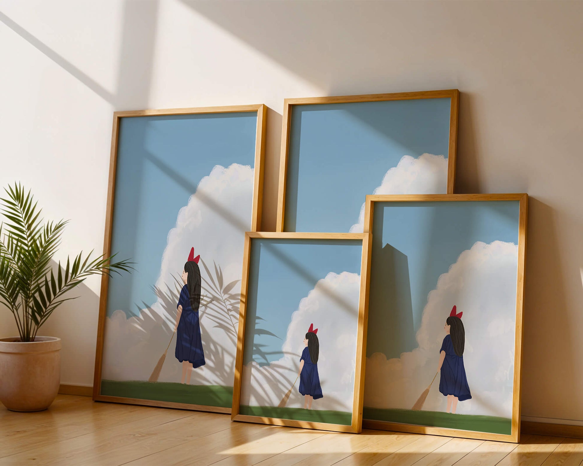 Junges Mädchen steht auf Gras mit Besen unter blauem Himmel