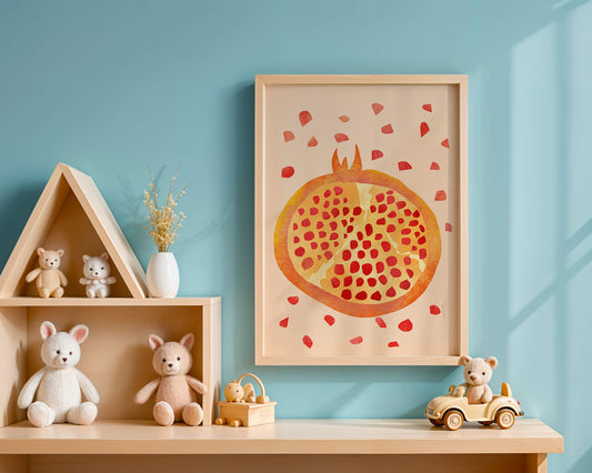 Colorful abstract pomegranate illustration with scattered seeds