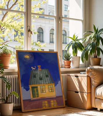 Charming Nighttime House with a Cat on the Roof Under the Moon