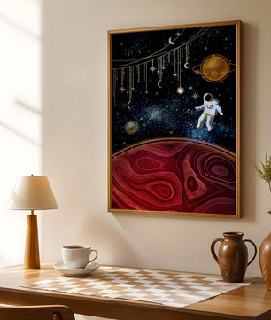 Escena espacial surrealista con astronauta y elementos celestiales