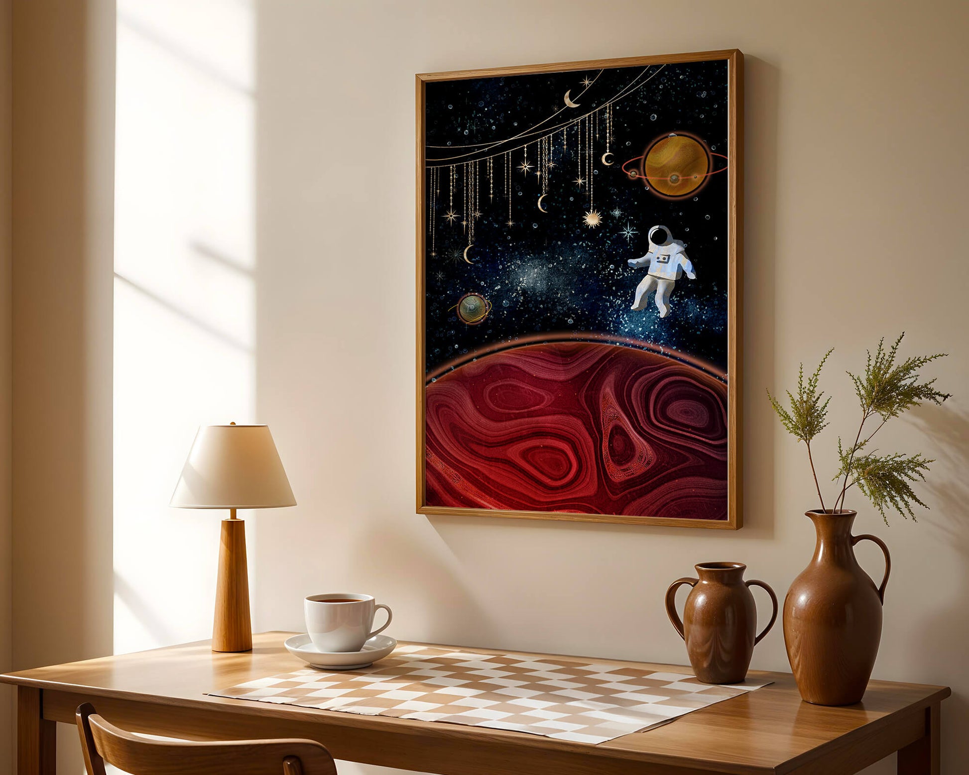 Surreal space scene with astronaut and celestial elements