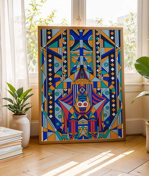 Arte tribal abstracto geométrico con patrones simétricos en azul y naranja