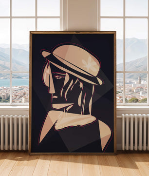 Stylized Portrait of a Woman in a Hat with Geometric Elements - Mi tienda