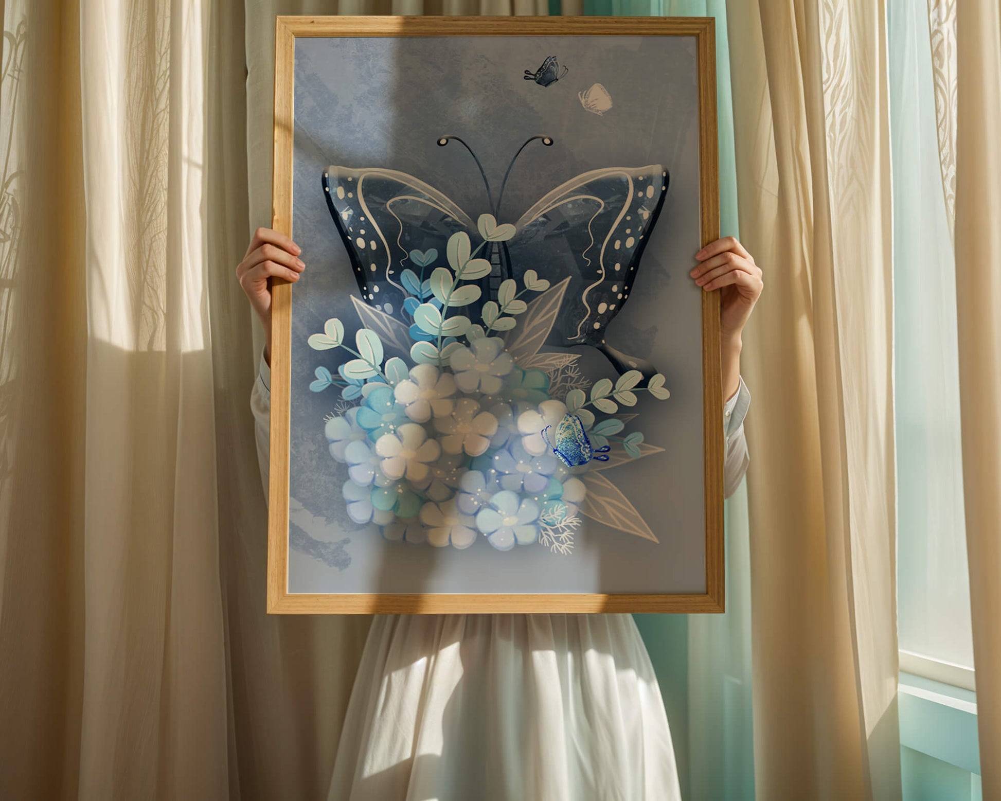 Floral and butterfly digital artwork in calming blue shades