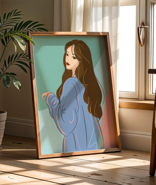 Illustration of woman with long hair and blue jacket