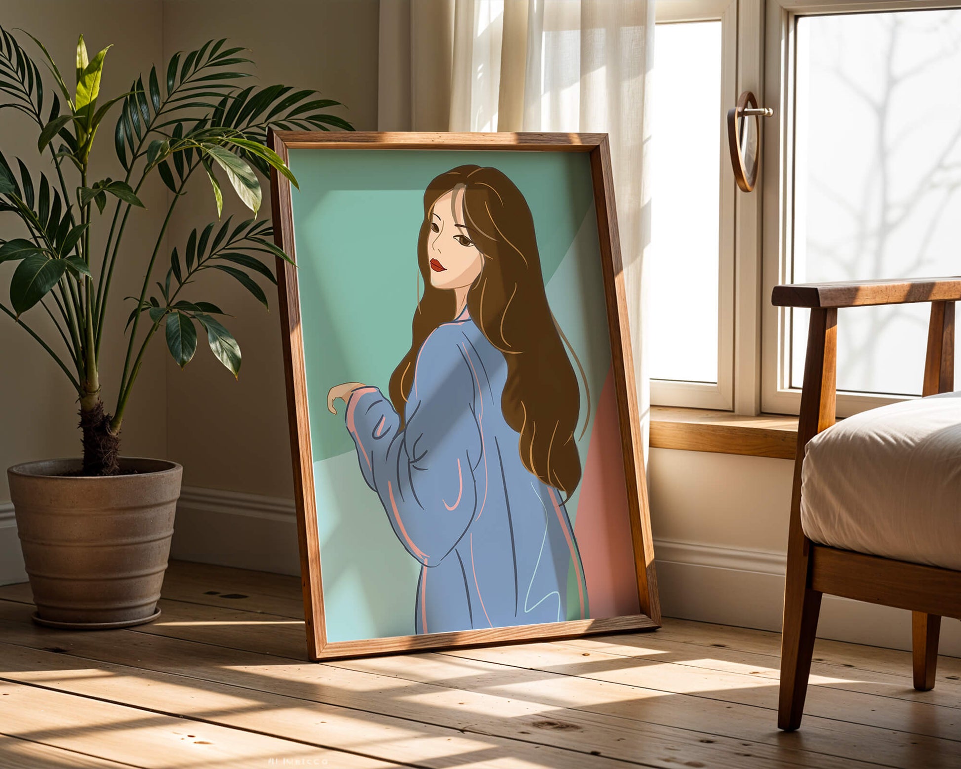 Illustration of woman with long hair and blue jacket