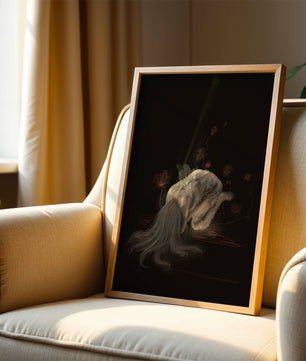 Abstract depiction of a figure surrounded by floral elements