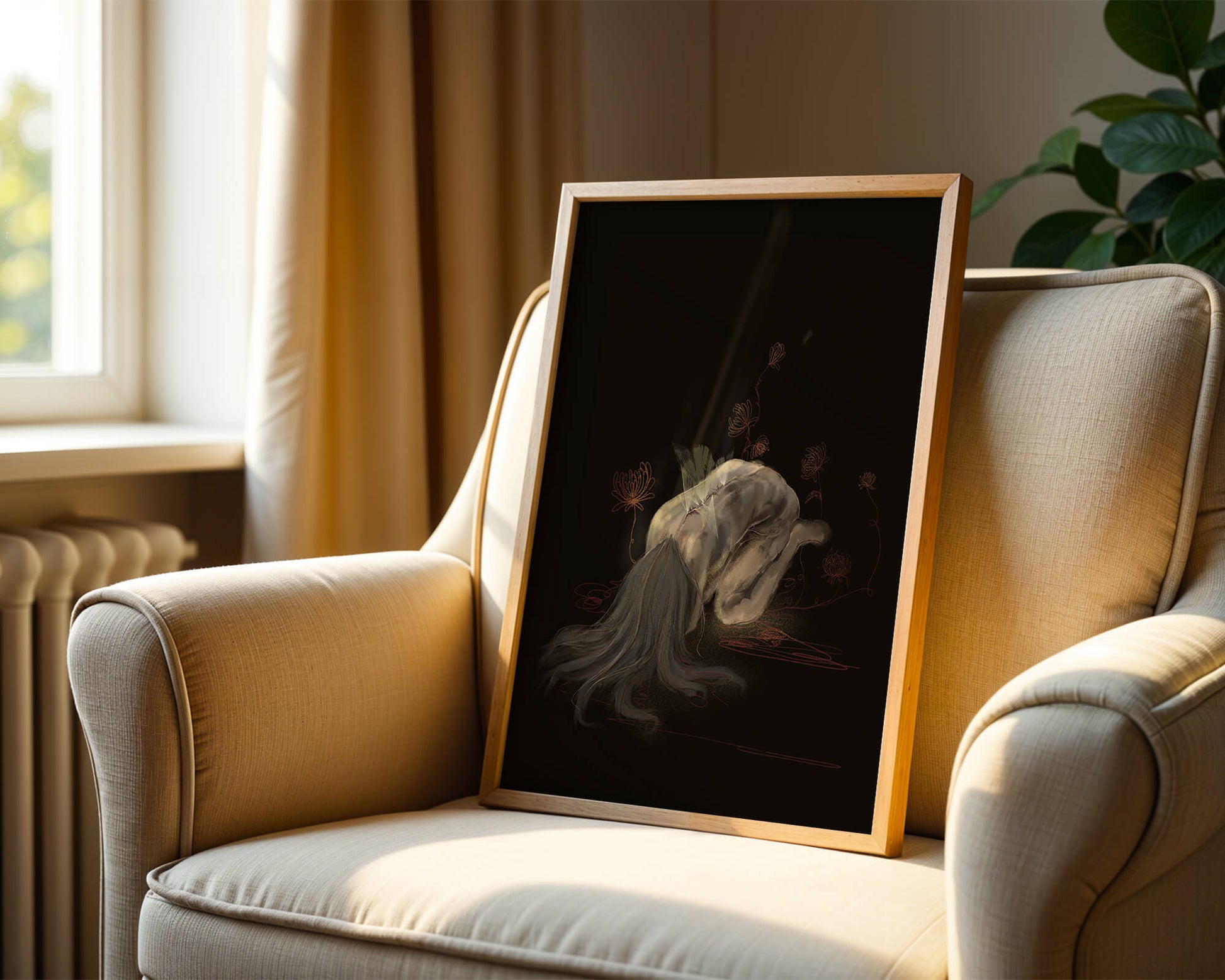 Abstract depiction of a figure surrounded by floral elements