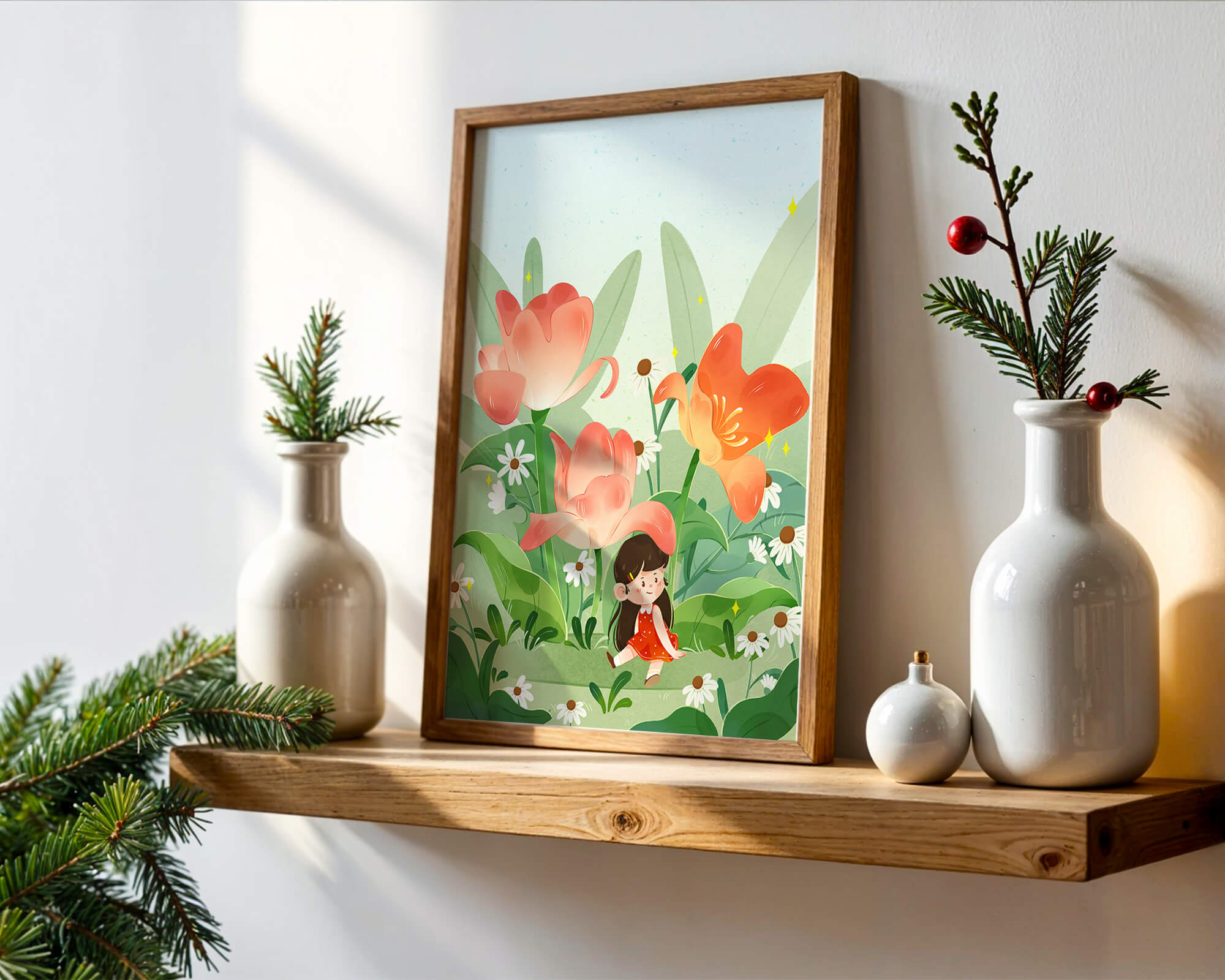 Charming floral garden with whimsical child illustration