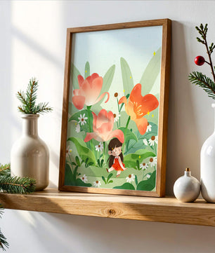 Encantador jardín floral con ilustración de niño caprichoso