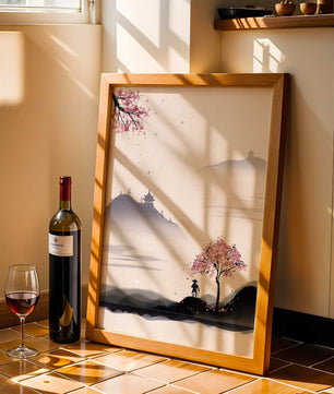 Paisaje sereno con árbol de cerezo y pagodas distantes