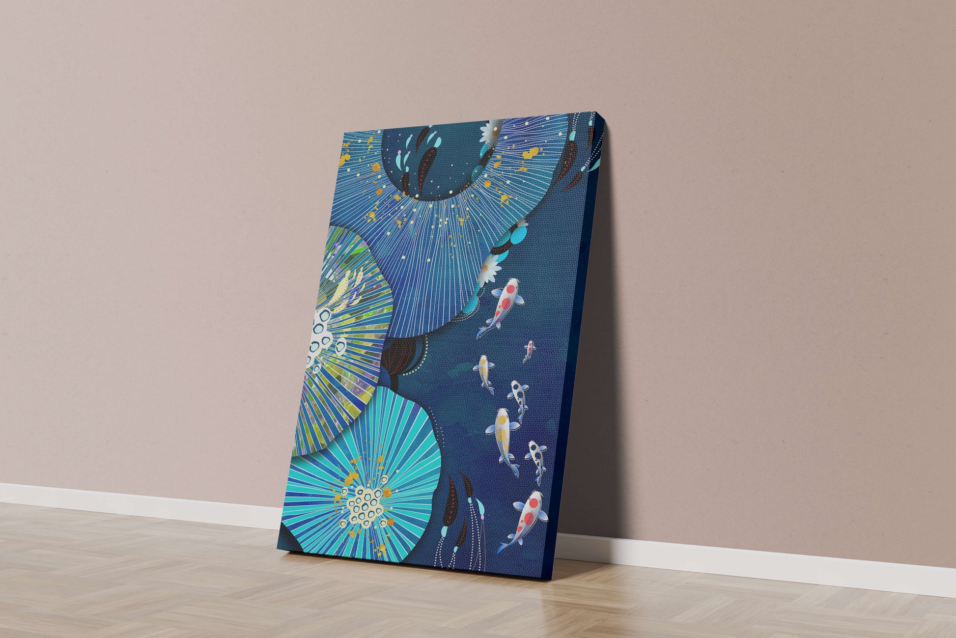 Vibrant underwater scene with koi fish and abstract floral design