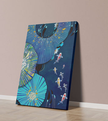 Vibrant underwater scene with koi fish and abstract floral design
