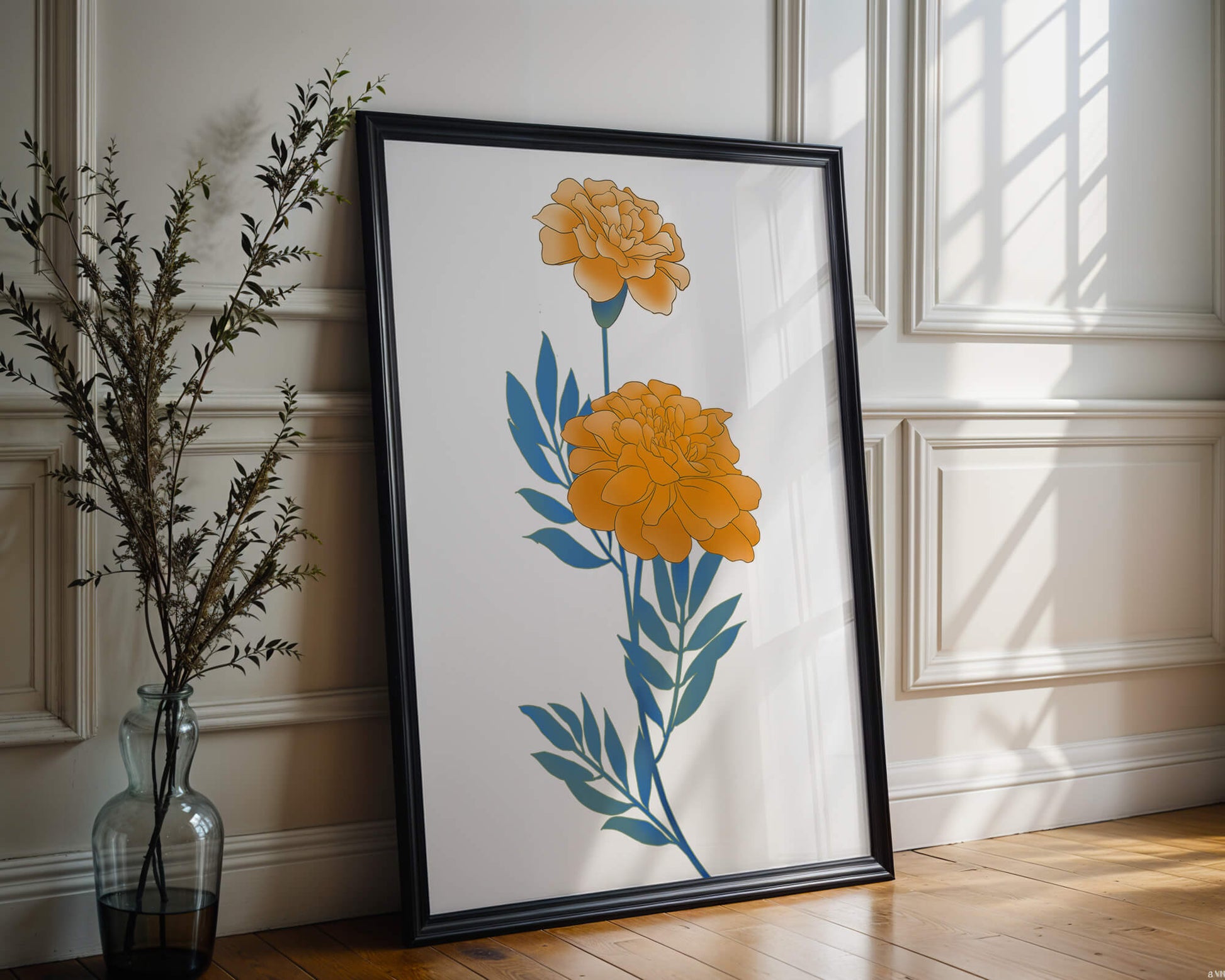 Elegante Illustration lebendiger Ringelblumen auf grünem Hintergrund
