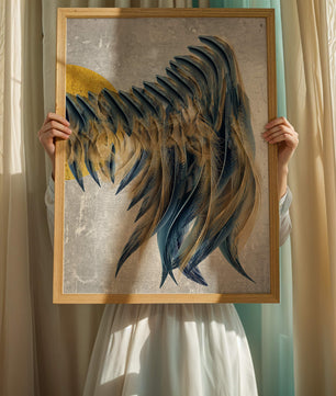 Abstract Composition with Blue and Gold Accents on Textured Background