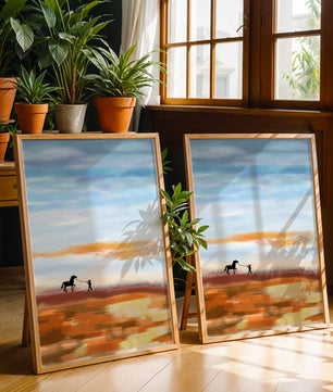 Serene landscape with cowboy and horse under vast sky