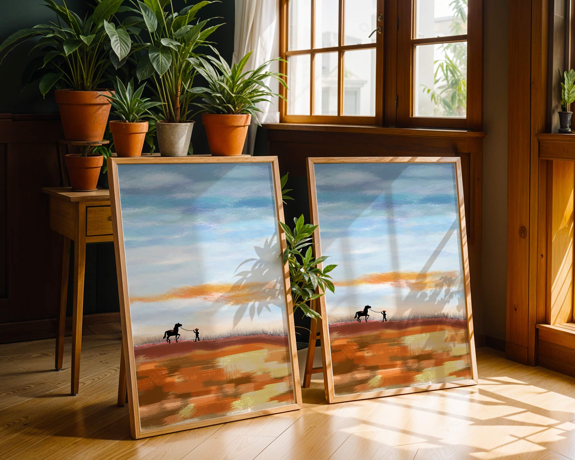 Serene landscape with cowboy and horse under vast sky