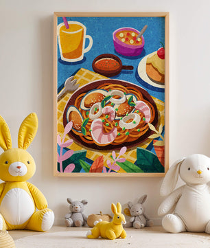 Escena ilustrativa de desayuno colorida con pasta y bebidas