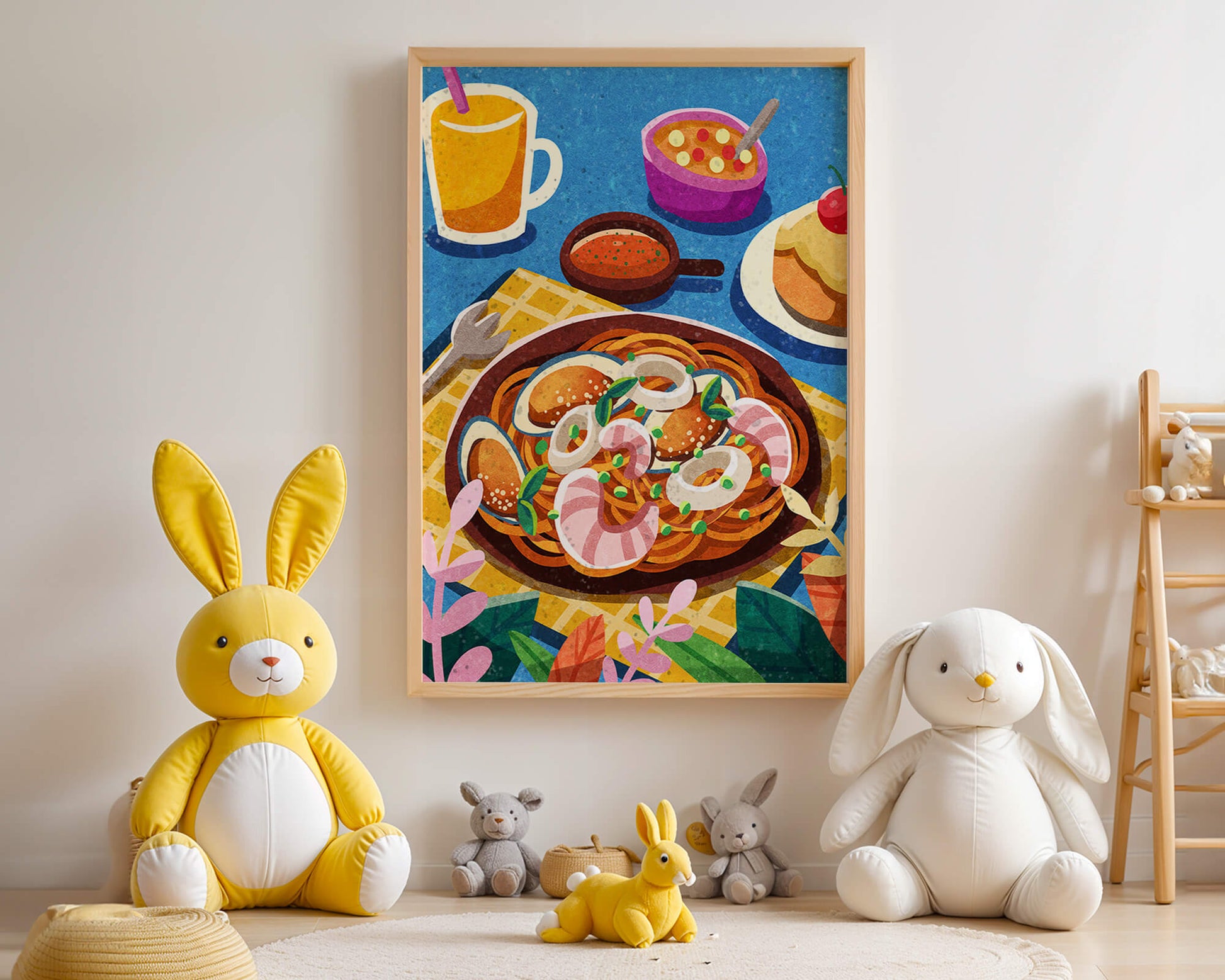 Colorful Illustrative Breakfast Scene with Pasta and Drinks
