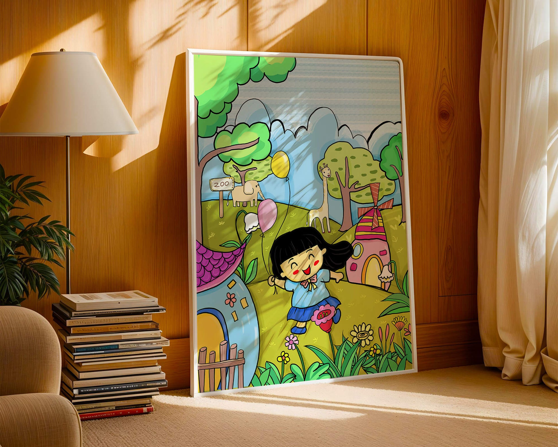 Colorful children's illustration of a joyful zoo visit with animals