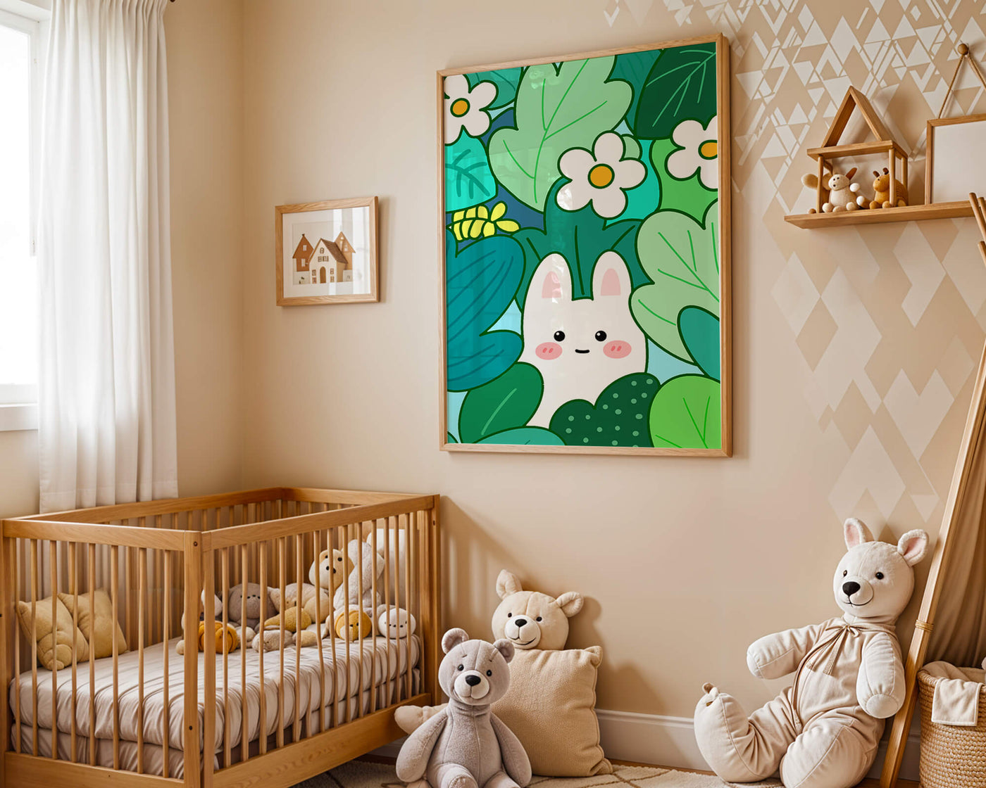 Illustration of a cute rabbit hidden among flowers and greenery