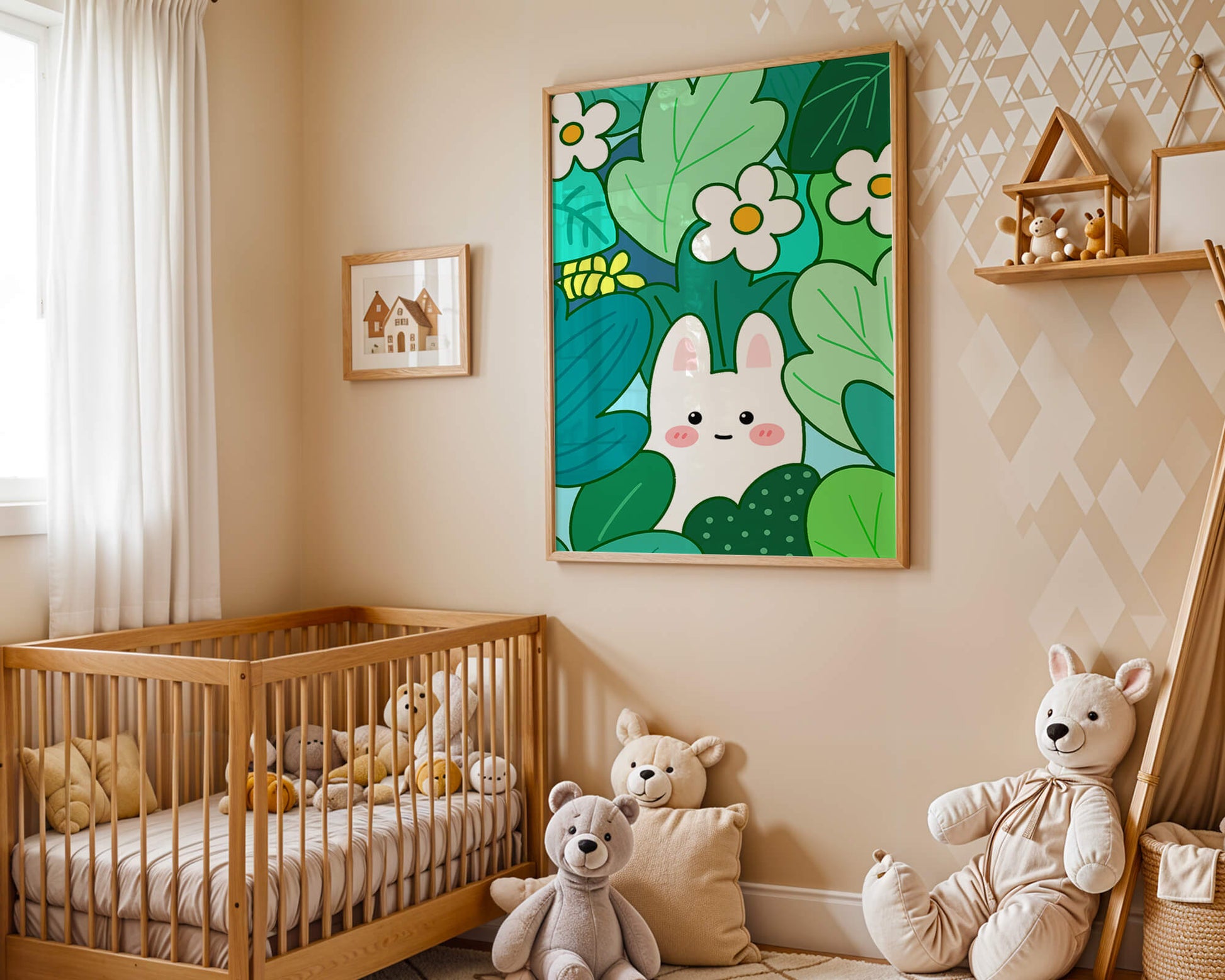 Illustration of a cute rabbit hidden among flowers and greenery