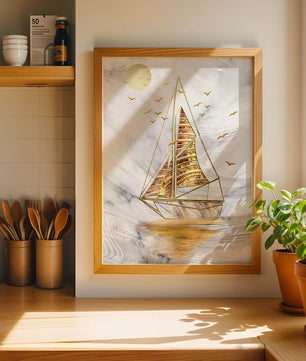 Elegant sailboat with gold elements against a textured sky