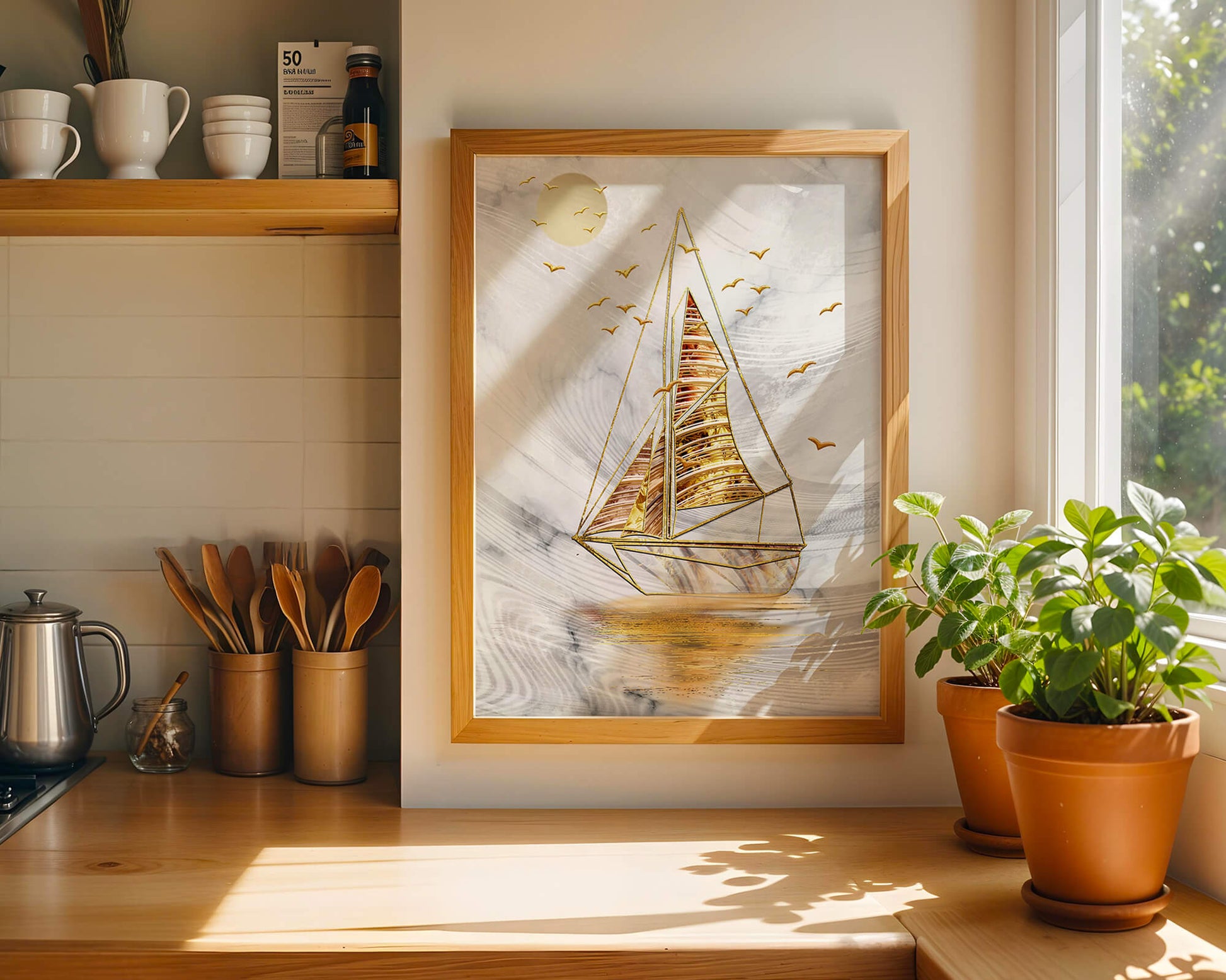 Elegant sailboat with gold elements against a textured sky